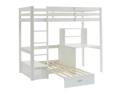 Cama Alta Com Secretária, Sofá Convertivel E Espacos De Arrumação De 90 X 200 Cm Em Pinho Macico Cor Esbranquicado - Goliath Iii