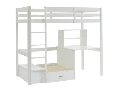 Cama Alta Com Secretária, Sofá Convertivel E Espacos De Arrumação De 90 X 200 Cm Em Pinho Macico Cor Esbranquicado - Goliath Iii