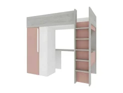 Cama Alta De 90 X 200 Cm Com Guarda-Roupa E Secretária Cor-De-Rosa E Branco - Nicolas
