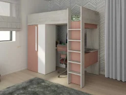 Cama Alta De 90 X 200 Cm Com Guarda-Roupa E Secretária Cor-De-Rosa E Branco - Nicolas