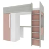 Cama Alta De 90 X 200 Cm Com Guarda-Roupa E Secretária Cor-De-Rosa E Branco + Colchão - Nicolas