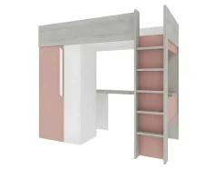 Cama Alta De 90 X 200 Cm Com Guarda-Roupa E Secretária Cor-De-Rosa E Branco + Colchão - Nicolas