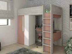 Cama Alta De 90 X 200 Cm Com Guarda-Roupa E Secretária Cor-De-Rosa E Branco + Colchão - Nicolas
