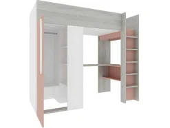 Cama Alta De 90 X 200 Cm Com Guarda-Roupa E Secretária Cor-De-Rosa E Branco + Colchão - Nicolas