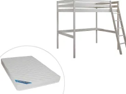 Cama Alta De 140 X 190 Cm Com Secretária Em Pinho Macico Esbranquicado + Colchão - Gedeon Ii