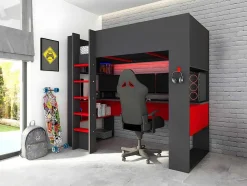 Cama Alta Gamer Com Secretária E Espacos De Arrumação Integrados De 90 X 200 Cm Com Leds Cor Antracite E Vermelho - Noah