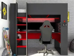 Cama Alta Gamer Com Secretária E Espacos De Arrumação Integrados De 90 X 200 Cm Com Leds Cor Antracite E Vermelho - Noah
