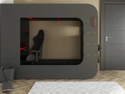 Cama Alta Gamer 90 X 200 Cm Com Secretária, Espacos De Arrumação E Leds Cor Antracite E Vermelho - Warrior