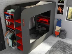 Cama Alta Gamer 90 X 200 Cm Com Secretária, Espacos De Arrumação E Leds Cor Antracite E Vermelho - Warrior