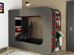 Cama Alta Gamer 90 X 200 Cm Com Secretária, Espacos De Arrumação E Leds Cor Antracite E Vermelho + Colchão - Warrior