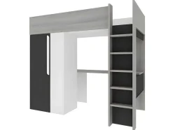 Cama Alta Ii 90 X 200 Cm Com Guarda-Roupa E Secretária Cor Antracite E Branco + Colchão - Nicolas