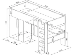 Cama Alta Ii 90 X 200 Cm Com Guarda-Roupa E Secretária Cor Antracite E Branco + Colchão - Nicolas