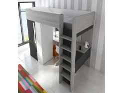 Cama Alta Ii 90 X 200 Cm Com Guarda-Roupa E Secretária Cor Antracite E Branco + Colchão - Nicolas
