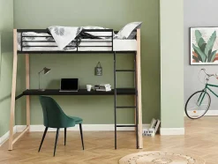 Cama Alta Malicia - 90 X 190 Cm - Secretária Integrada - Preto E Cor Carvalho + Colchão