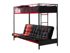 Cama Alta 90 X 190 Cm Com Banco Convertivel Em Metal Preto E Vermelho, Futon E Colchão - Modulo V