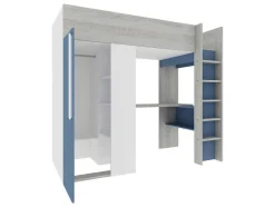 Cama Alta 90 X 200 Cm Com Guarda-Roupa E Secretária Azul E Branco + Colchão - Nicolas