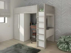 Cama Alta 90X200 Cm Com Roupeiro E Secretária, Cinza Natural E Branco - Nicolas