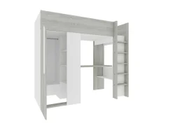 Cama Alta 90X200 Cm Com Roupeiro E Secretária Cinza Natural E Branco + Colchão - Nicolas