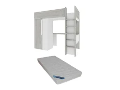 Cama Alta 90X200 Cm Com Roupeiro E Secretária Cinza Natural E Branco + Colchão - Nicolas