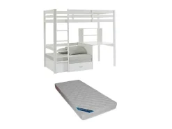 Cama Alta 90X200 Cm Com Secretária, Sofá Convertivel E Espacos De Arrumação Pinho Macico Esbranquicado + Colchão - Goliath Iii