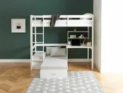 Cama Alta 90X200 Cm Com Secretária, Sofá Convertivel E Espacos De Arrumação Pinho Macico Esbranquicado + Colchão - Goliath Iii