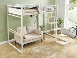 Cama Alta 140X200 Cm Metal E Mdf Branco + Colchão - Jogui