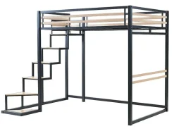 Cama Alta 140 X 200 Cm Metal E Mdf Preto E Natural - Jogui