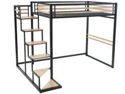 Cama Alta 140 X 200 Cm Metal E Mdf Preto E Natural - Jogui