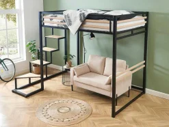 Cama Alta 140 X 200 Cm Metal E Mdf Preto E Natural - Jogui