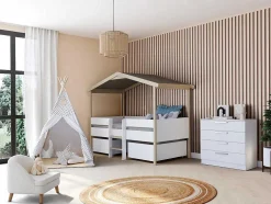 Cama Cabana Com Gavetoes De 90 X 190 Cm Em Tilia Cor Branco E Cor Carvalho - Sarosi