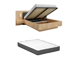 Cama Com Arrumação E Mesas De Cabeceira 160 X 200 Cm, 2 Gavetas, Com Leds, Natural E Antracite + Colchão - Francoli