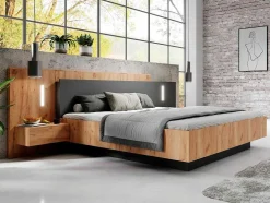 Cama Com Arrumação E Mesas De Cabeceira 160 X 200 Cm, 2 Gavetas, Com Leds, Natural E Antracite + Colchão - Francoli