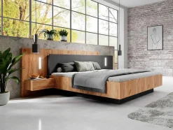 Cama Com Arrumação E Mesas De Cabeceira 160 X 200 Cm, 2 Gavetas, Com Leds, Natural E Antracite - Francoli