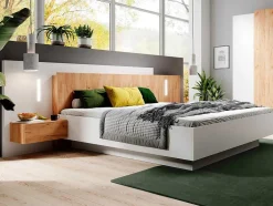Cama Com Arrumação E Mesas De Cabeceira 160 X 200 Cm, 2 Gavetas, Com Leds, Branco E Natural - Francoli