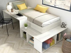Cama Combinada 90X200 Cm Com Espacos De Arrumação E Secretária Cor Atural Cinza E Branco - Rigali