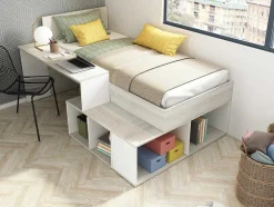 Cama Combinada 90X200 Cm Com Espacos De Arrumação E Secretária Cor Atural Cinza E Branco - Rigali