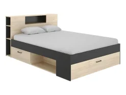 Cama Com Cabeceira De Arrumação E Gavetas Disponivel Em Natural E Antracite - 160X200Cm - Leandre