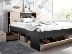 Cama Com Cabeceira De Arrumação E Gavetas Disponivel Em Natural E Antracite - 160X200Cm - Leandre