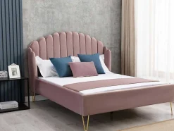 Cama Com Cabeceira De Cama Ondulada De 160 X 200 Cm Em Veludo Cor-De-Rosa Velho - Sagali