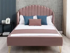 Cama Com Cabeceira De Cama Ondulada De 160 X 200 Cm Em Veludo Cor-De-Rosa Velho - Sagali