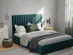 Cama Com Espaco De Arrumação Com Cabeceira De Cama E Costuras Verticais 180 X 200 Cm Veludo Azul-Esverdeado - Larali