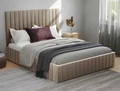 Cama Com Espaco De Arrumação E Cabeceira De Cama Com Costuras Verticais De 180 X 200 Cm Em Veludo Cor Taupe - Larali