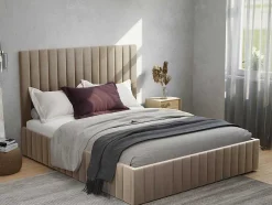 Cama Com Espaco De Arrumação E Cabeceira De Cama Com Costuras Verticais De 160 X 200 Cm Em Veludo Cor Taupe - Larali