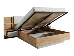 Cama Com Espaco De Arrumação E Mesas De Cabeceira 160X200 Cm, Com Leds, Cor Natural E Branco - Elynia