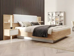 Cama Com Espaco De Arrumação E Mesas De Cabeceira 160X200 Cm, Com Leds, Cor Natural E Branco - Elynia