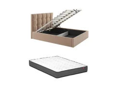 Cama Com Espaco De Arrumação 140X190 Cm Veludo Bege + Colchão - Mirdal De Pascal Morabito