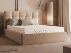 Cama Com Espaco De Arrumação 140X190 Cm Veludo Bege + Colchão - Mirdal De Pascal Morabito