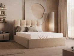 Cama Com Espaco De Arrumação 140X190 Cm Veludo Bege + Colchão - Mirdal De Pascal Morabito