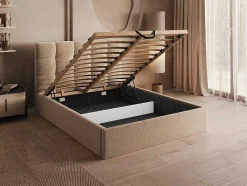 Cama Com Espaco De Arrumação 140X190 Cm Veludo Bege + Colchão - Mirdal De Pascal Morabito