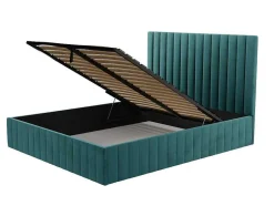 Cama Com Espaco De Arrumação 180 X 200 Cm Com Cabeceira De Cama Costuras Verticais Veludo Azul-Esverdeado + Colchão - Larali